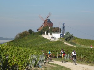 Le groupe VTT en direction du moulin de Vernezay dans les vignes. 